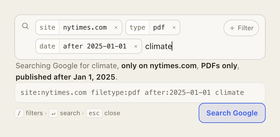 dashi's search bar showing three filter pills: site nytimes.com, type pdf, and date after 2025-01-01, with the assembled query string below them.